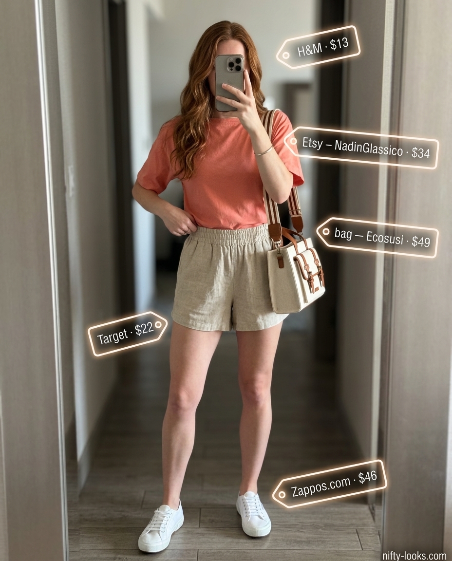 Relaxed coral boat neck tee outfit for women 2026: beige shorts, white sneakers, casual weekend.