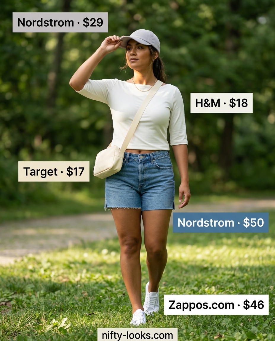 Casual summer boat neck outfits for women 2026: White tee, denim shorts, canvas sneakers for weekend.
