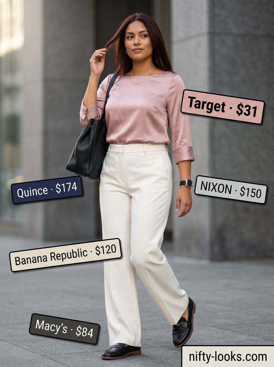 Blush pink silk boat neck blouse with cream trousers for summer Boat Neck outfits for women 2026.