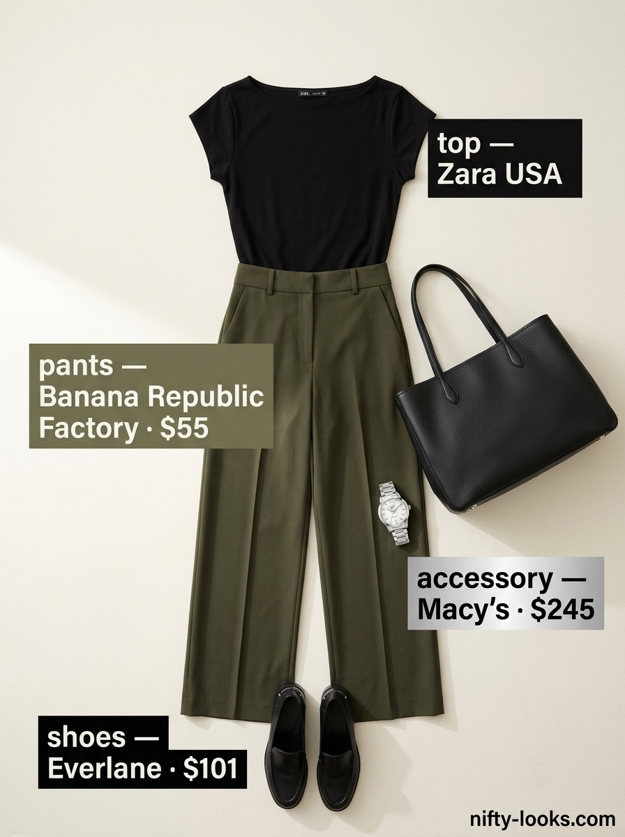 Summer boat neck outfits for women 2026: Olive green top, black wide-leg pants, loafers for elevated workwear.