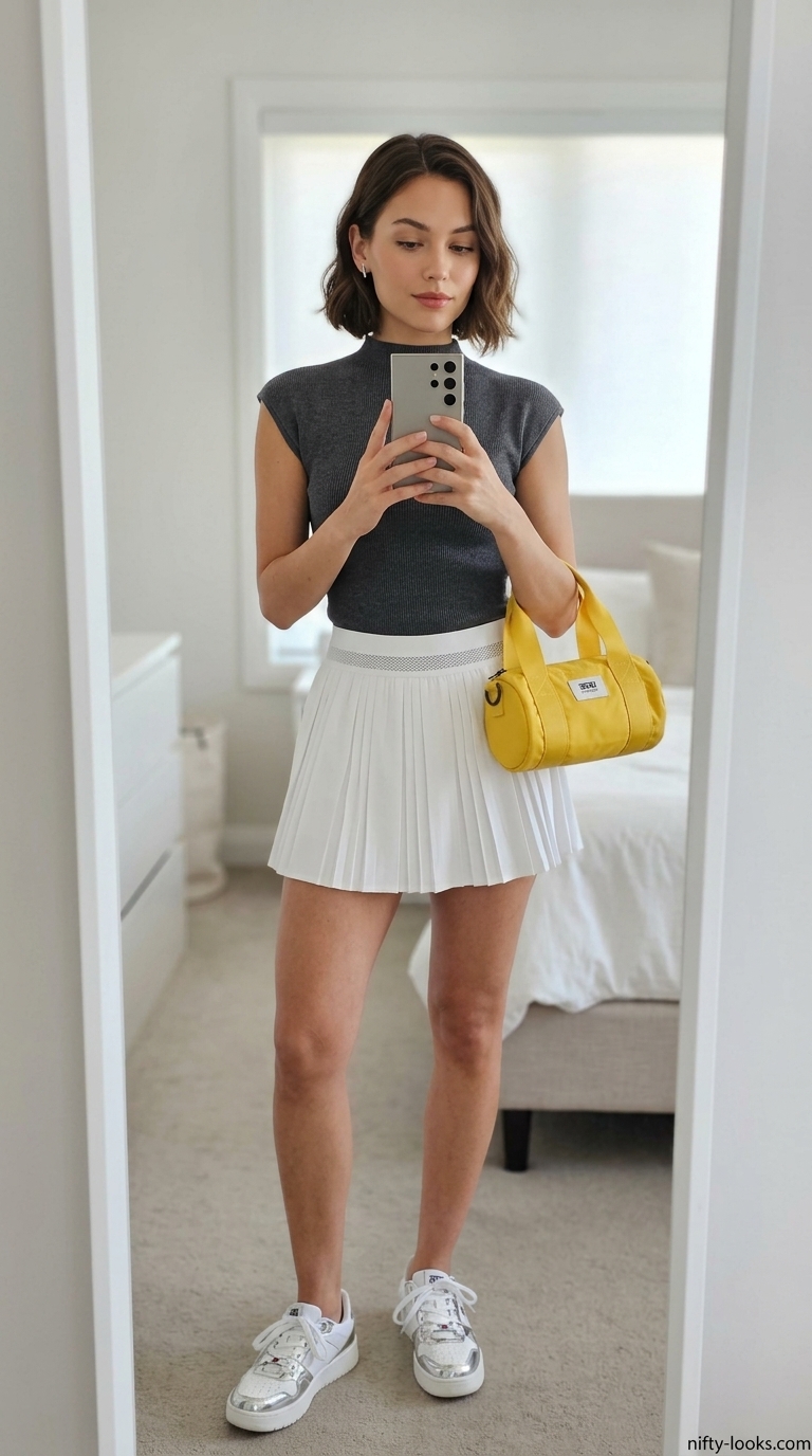 Athleisure Bodysuit with Skirt Outfits 2026 Athleisure bodysuit with skirt outfit 2026: Grey ribbed bodysuit, white pleated tennis skirt, neon yellow bag.