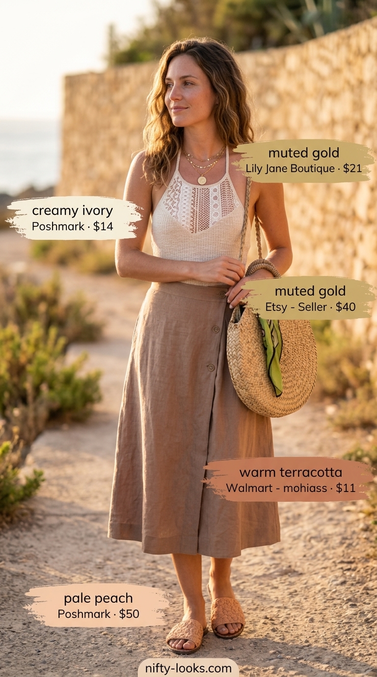 Bohemian Beach Brunch: Summer Bodysuit with Skirt Outfits 2026 Bohemian summer bodysuit with skirt outfits 2026: Cream crochet bodysuit, linen midi skirt for beach brunch. Straw bag.