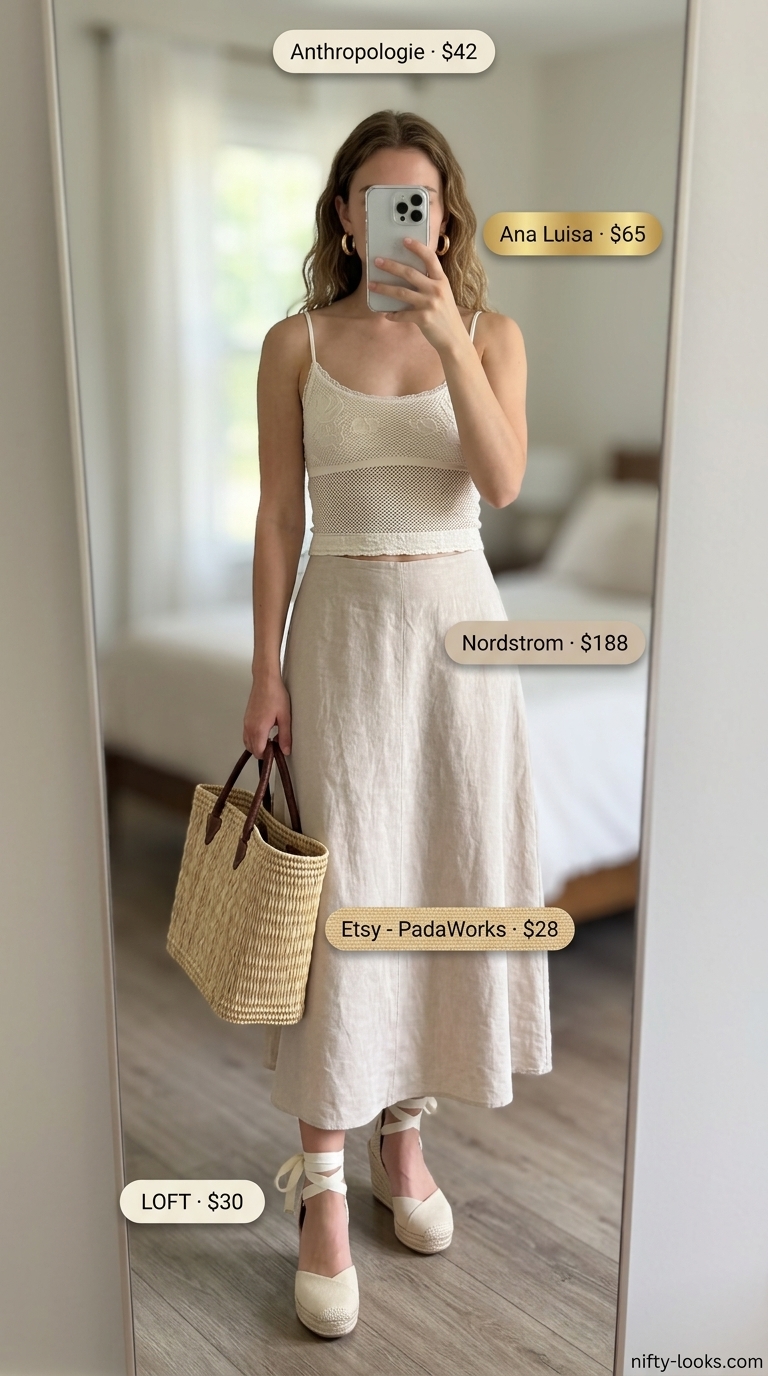 Summer Bodysuit with Skirt Outfits 2026: Boardwalk Breeze Cream crochet bodysuit with multi-print flowy maxi skirt for a relaxed boardwalk outfit 2026.