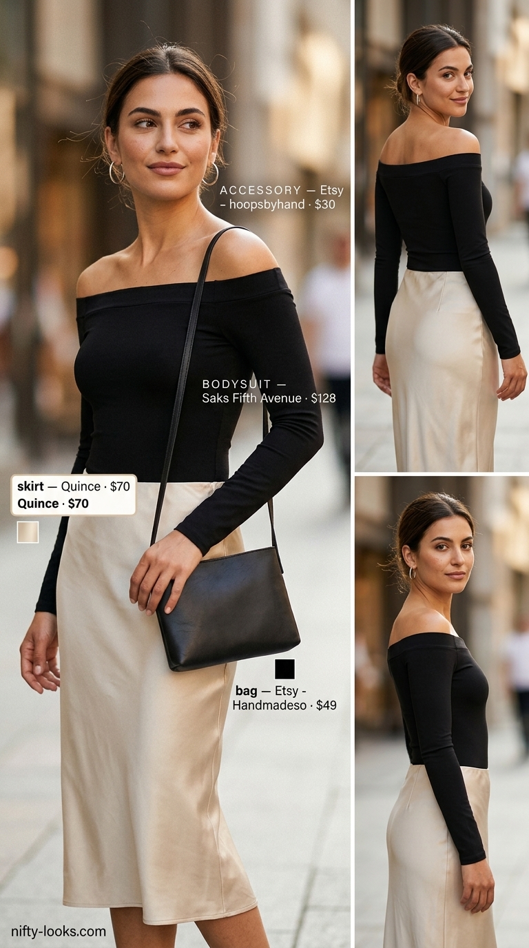 Summer Bodysuit with Skirt Outfits 2026: Chic City Stroll Black off-the-shoulder bodysuit with champagne satin midi skirt for a chic city outfit 2026.