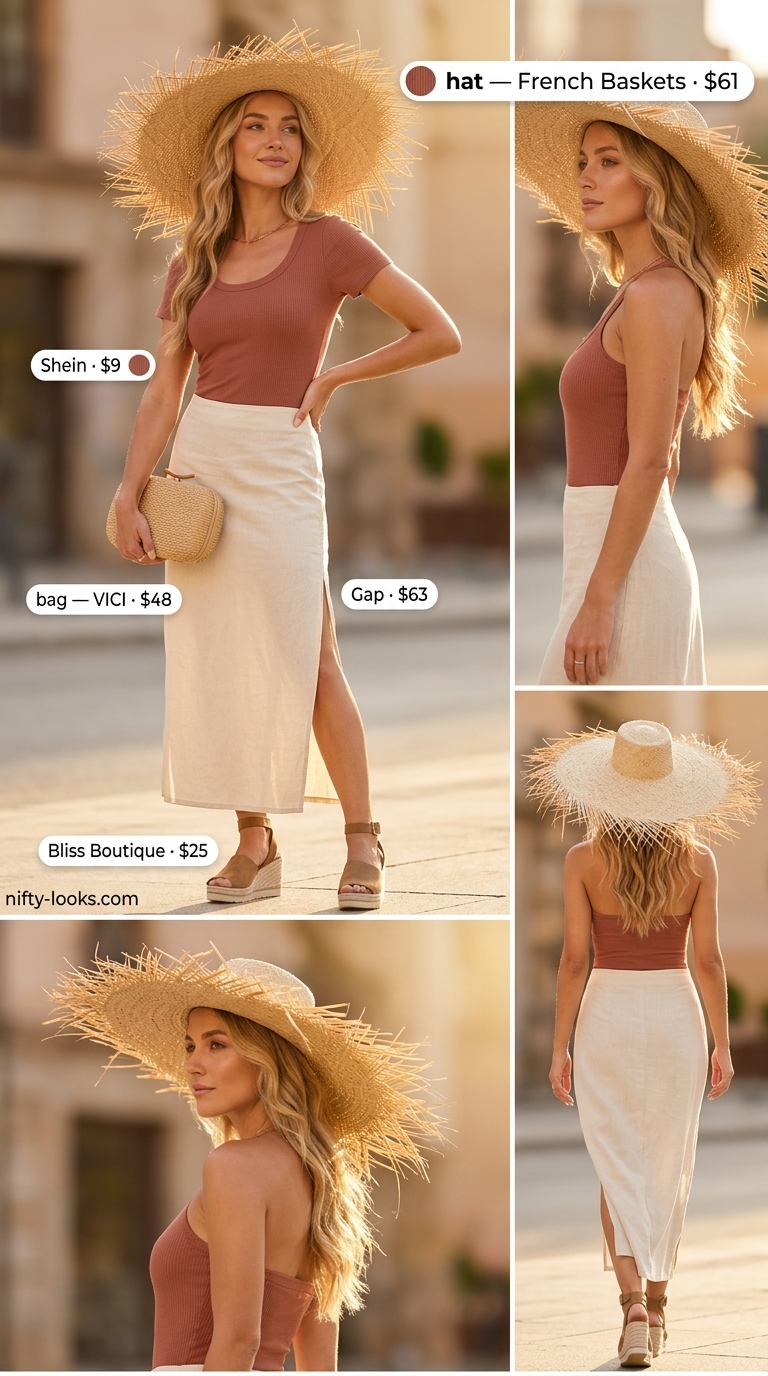 Summer Bodysuit with Skirt Outfits 2026: Coastal Dinner Terracotta bodysuit with flowy cream maxi skirt for a chic coastal sunset dinner outfit 2026.