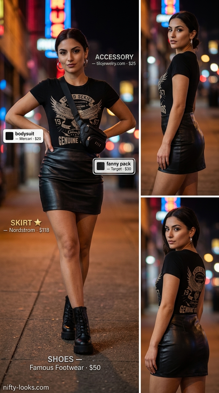 Cool Concert Night: Summer Bodysuit with Skirt Outfits 2026 Edgy summer bodysuit with skirt outfits 2026: Black graphic tee bodysuit, faux leather mini skirt for concert. Combat boots.