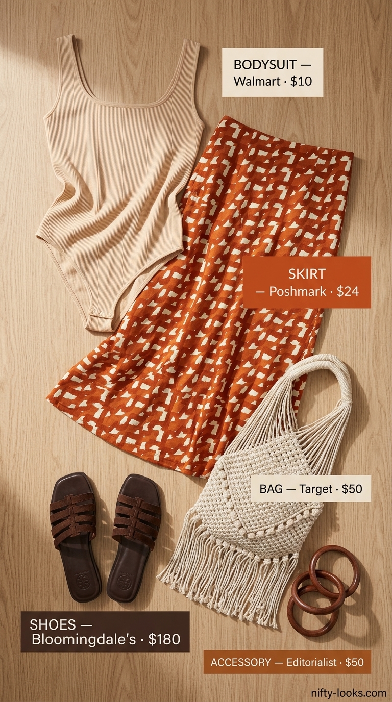 Desert Wanderer Chic: Summer Bodysuit with Skirt Outfits 2026 Artsy summer bodysuit with skirt outfits 2026: Beige ribbed bodysuit, rust orange linen skirt for market. Macrame bag.