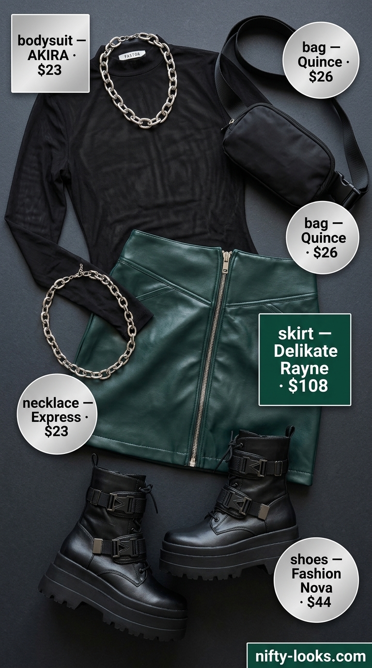 Summer Bodysuit with Skirt Outfits 2026: Edgy Concert Style Black mesh bodysuit with emerald green faux leather mini skirt for an edgy concert outfit 2026.