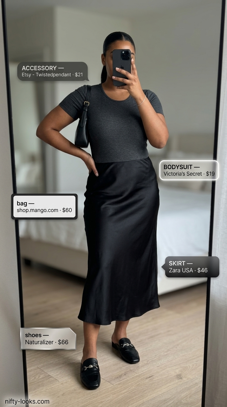 Minimalist Evening Chic: Summer Bodysuit with Skirt Outfits 2026 Minimalist summer bodysuit with skirt outfits 2026: Charcoal bodysuit, black satin midi skirt for evening. Chic dinner look.