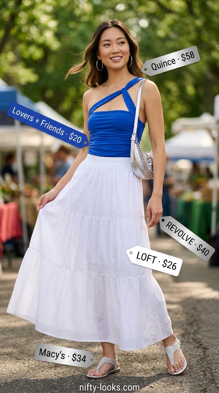 Vibrant Fiesta Style: Summer Bodysuit with Skirt Outfits 2026 Bold summer bodysuit with skirt outfits 2026: Cobalt blue bodysuit, white tiered maxi skirt for fiesta. Silver accessories.