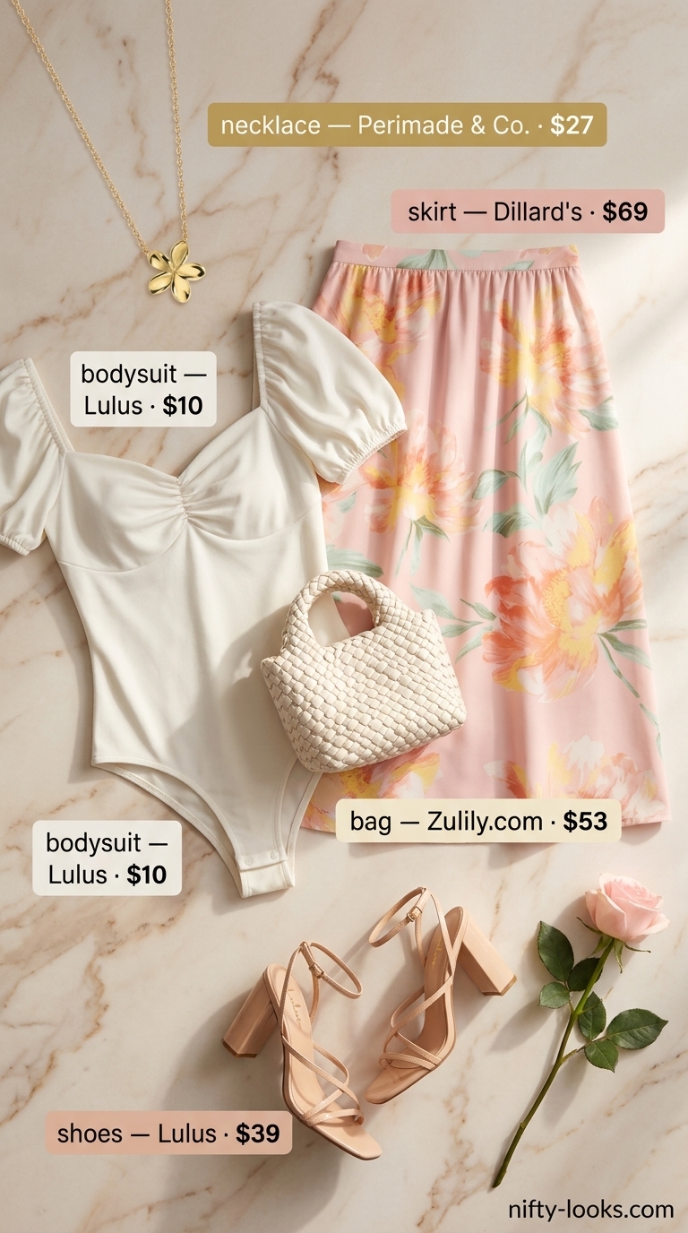 Summer Bodysuit with Skirt Outfits 2026: Floral Brunch Date Cream sweetheart bodysuit with pink floral midi skirt for a romantic summer brunch outfit 2026.