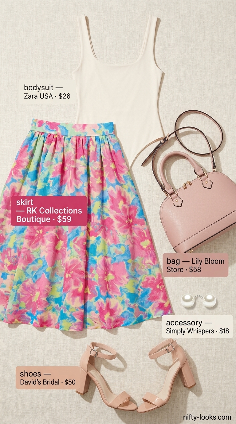 Summer Bodysuit with Skirt Outfits 2026: Garden Party Elegance Cream square neck bodysuit with pastel floral midi skirt for an elegant garden party outfit 2026.