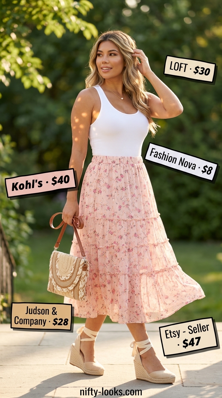 Garden Party Romance: Summer Bodysuit with Skirt Outfits 2026 Romantic summer bodysuit with skirt outfits 2026: White ribbed bodysuit, blush floral midi skirt for garden party. Espadrilles.