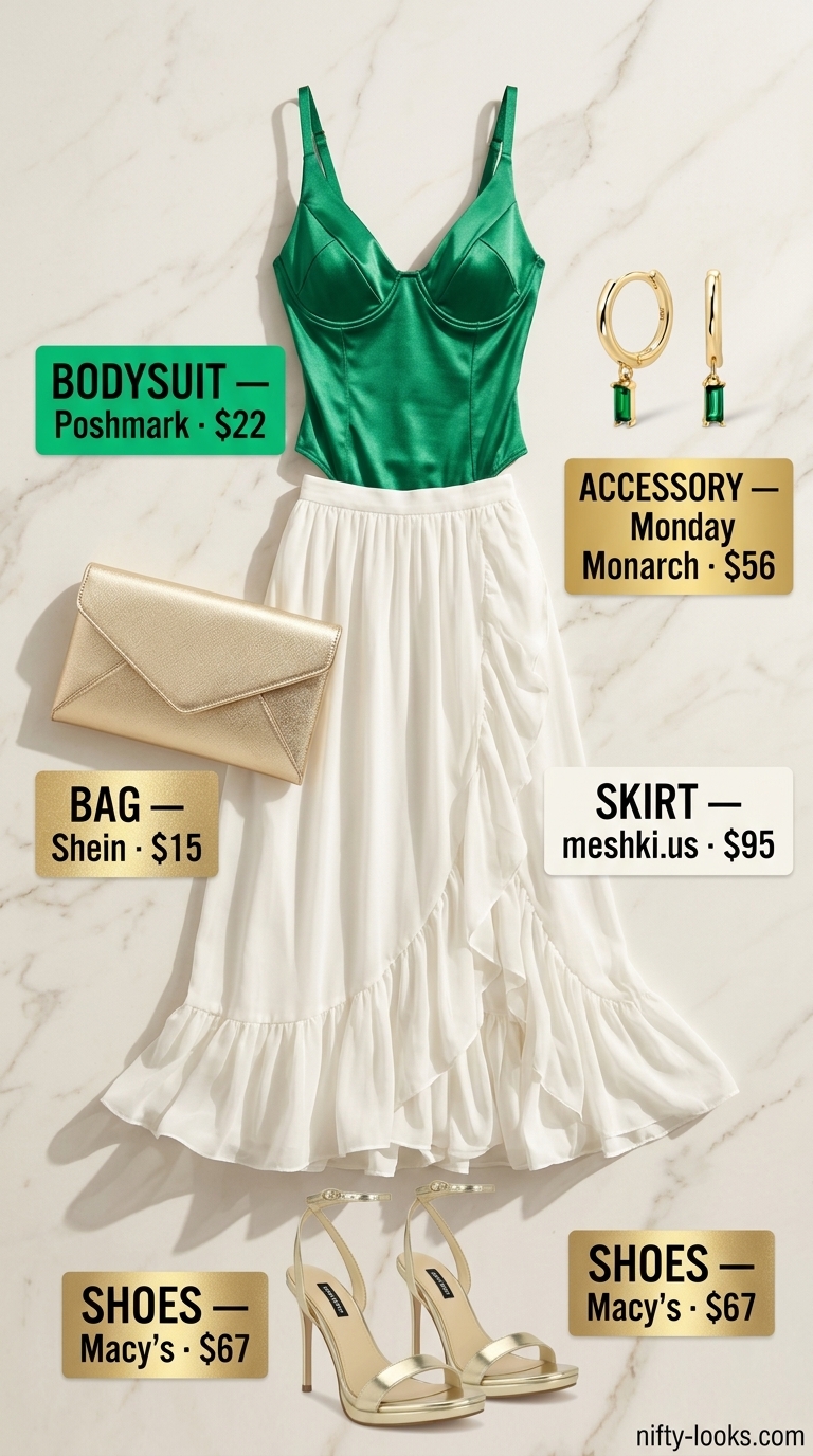 Glamorous Bodysuit with Skirt Outfits 2026 Glamorous summer bodysuit with skirt outfit 2026: Emerald green satin bodysuit, ivory flowy maxi skirt, gold sandals.