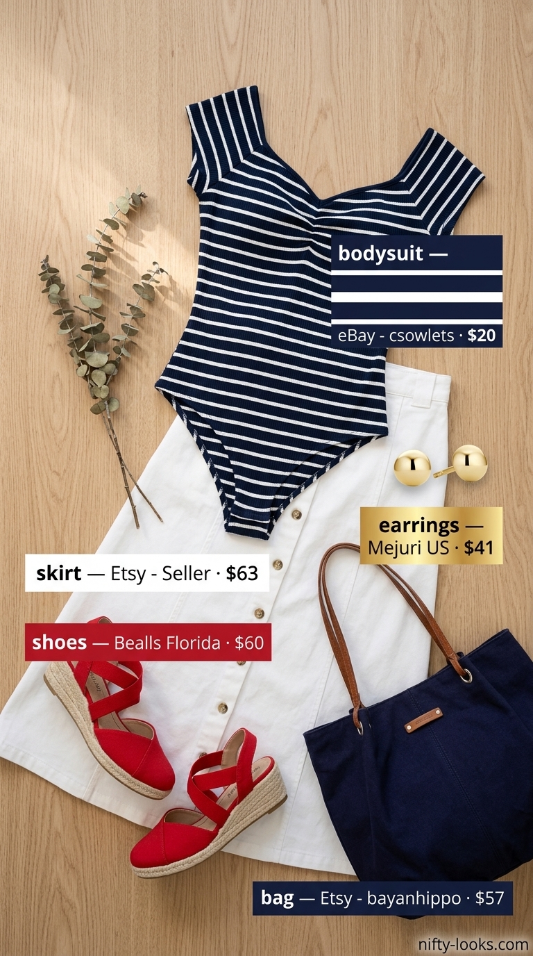 Nautical Bodysuit with Skirt Outfits 2026 Nautical summer bodysuit with skirt outfit 2026: Navy striped bodysuit, white midi skirt, red espadrilles.