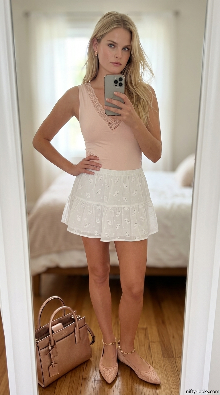 Sweet Picnic Date: Summer Bodysuit with Skirt Outfits 2026 Summer bodysuit with skirt outfits 2026: White eyelet skirt, blush pink lace bodysuit for a picnic date. Rose gold accessories.