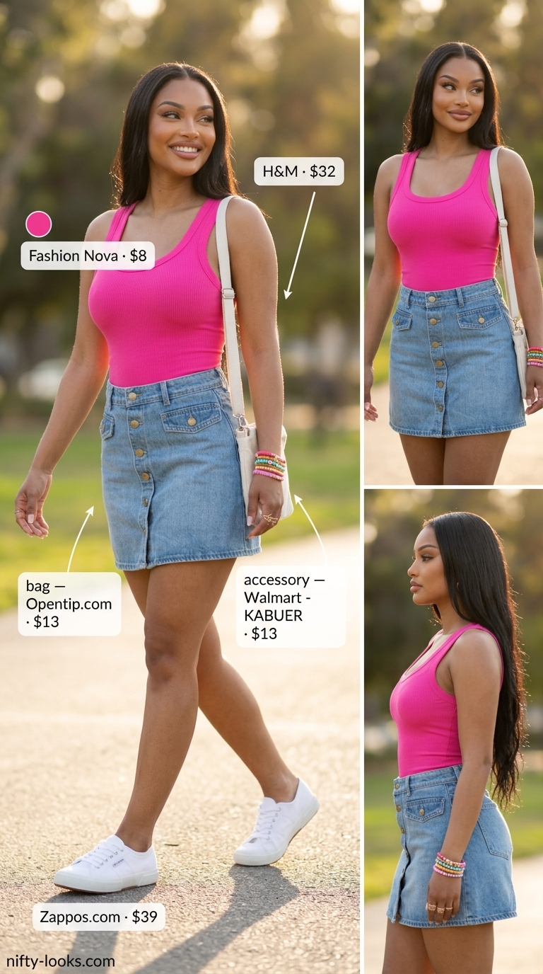 Summer Bodysuit with Skirt Outfits 2026: Playful Park Day Hot pink bodysuit with light wash denim mini skirt for a playful park day outfit 2026.