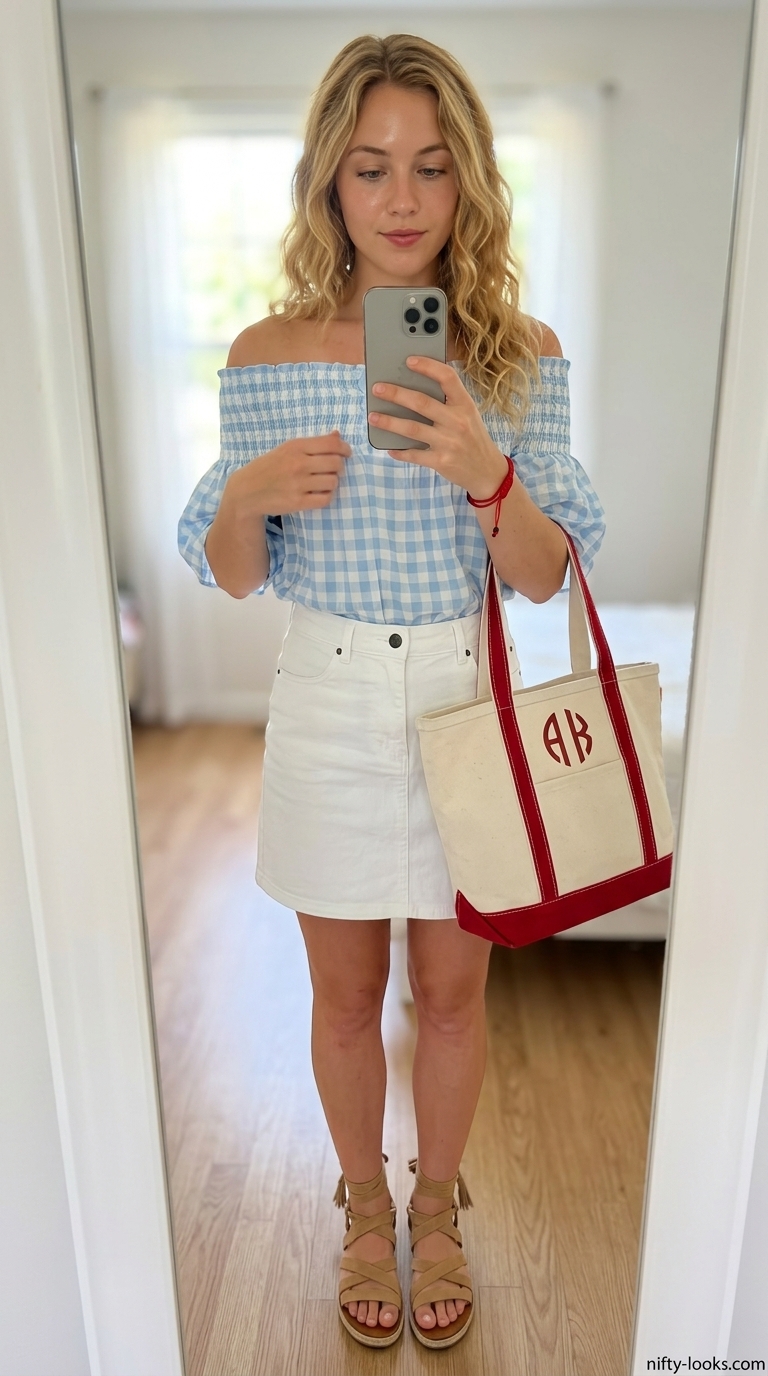 Preppy Bodysuit with Skirt Outfits 2026 Preppy summer bodysuit with skirt outfit 2026: Blue gingham bodysuit, white denim mini skirt, espadrille sandals.