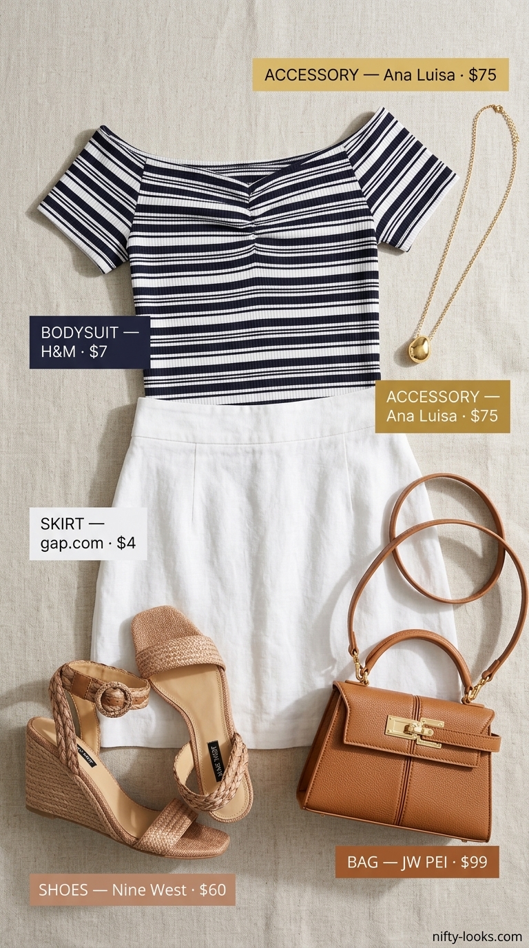 Effortless Bodysuit with Skirt Outfits 2026 Effortless summer bodysuit with skirt outfit 2026: Navy striped bodysuit, white linen mini skirt, espadrilles.