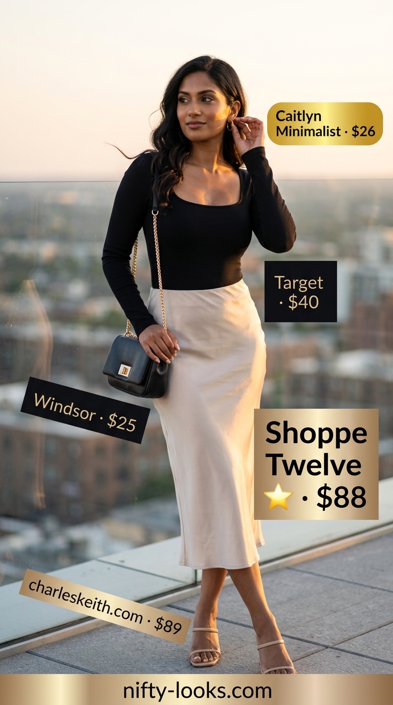 Rooftop Glamour: Summer Bodysuit with Skirt Outfits 2026 Glamorous summer bodysuit with skirt outfits 2026: Black long-sleeve bodysuit, champagne satin midi skirt for rooftop drinks.