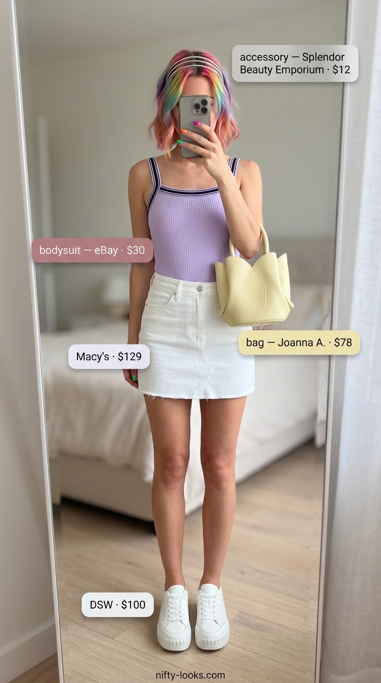 Summer Bodysuit with Skirt Outfits 2026: Sweet Picnic Style Lavender bodysuit with white denim mini skirt for a sweet picnic outfit 2026.