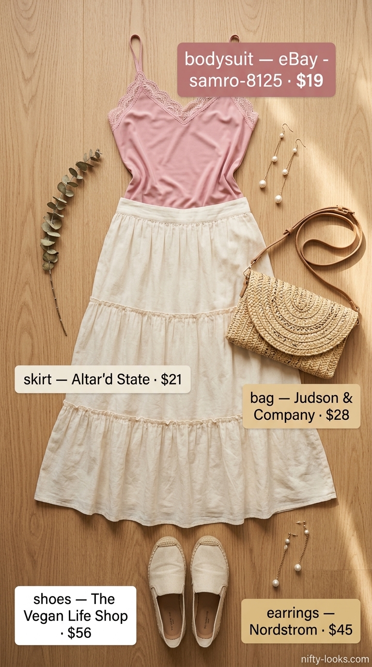 Romantic Bodysuit with Skirt Outfits 2026 Romantic summer bodysuit with skirt outfit 2026: Dusty rose bodysuit, cream tiered maxi skirt, straw bag.