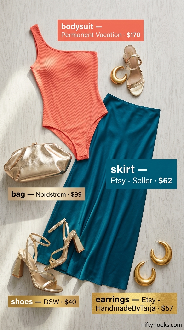 Tropical Bodysuit with Skirt Outfits 2026 Tropical summer bodysuit with skirt outfit 2026: Coral bodysuit, teal satin maxi skirt, gold accessories.