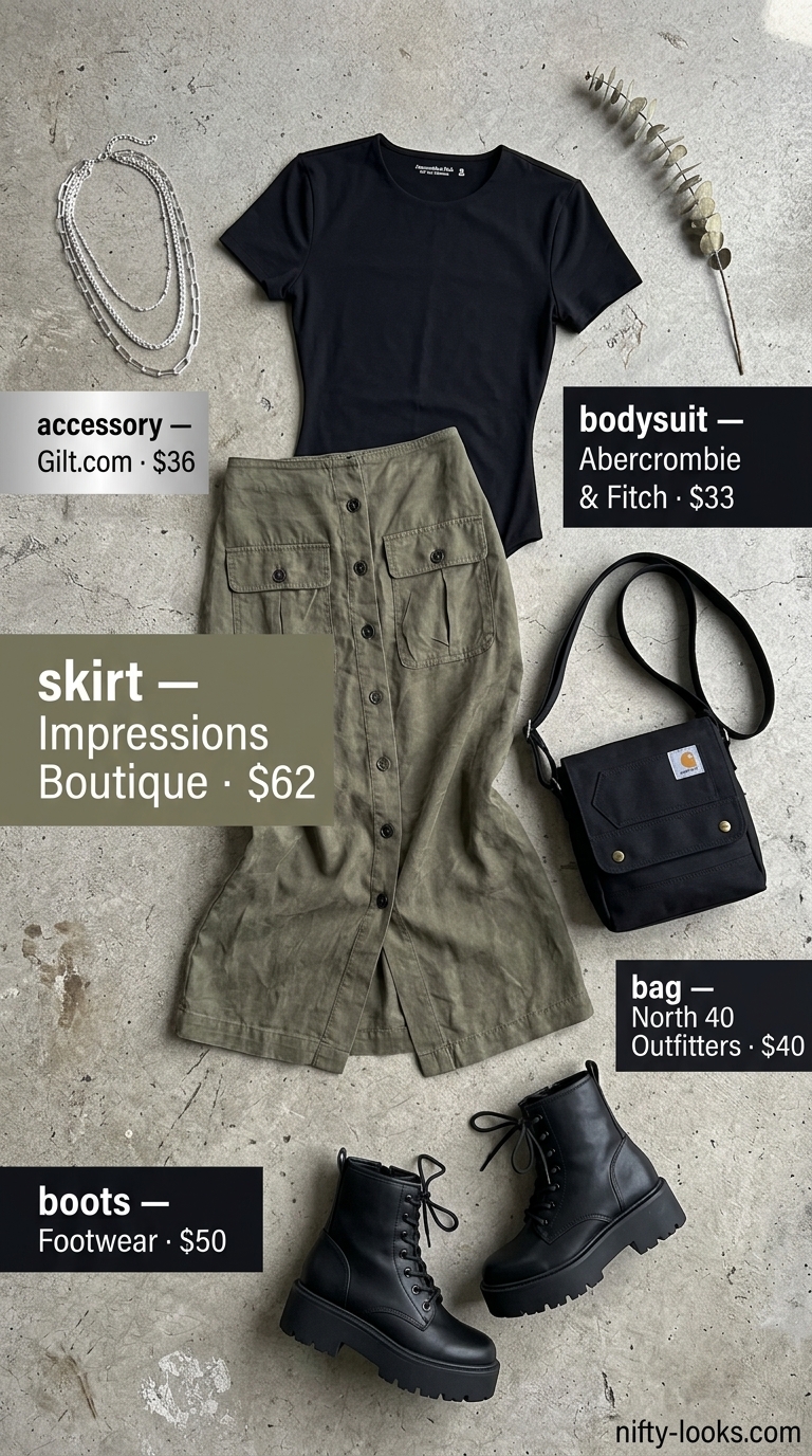 Edgy Bodysuit with Skirt Outfits 2026 Edgy summer bodysuit with skirt outfit 2026: Black bodysuit, khaki cargo midi skirt, combat boots.