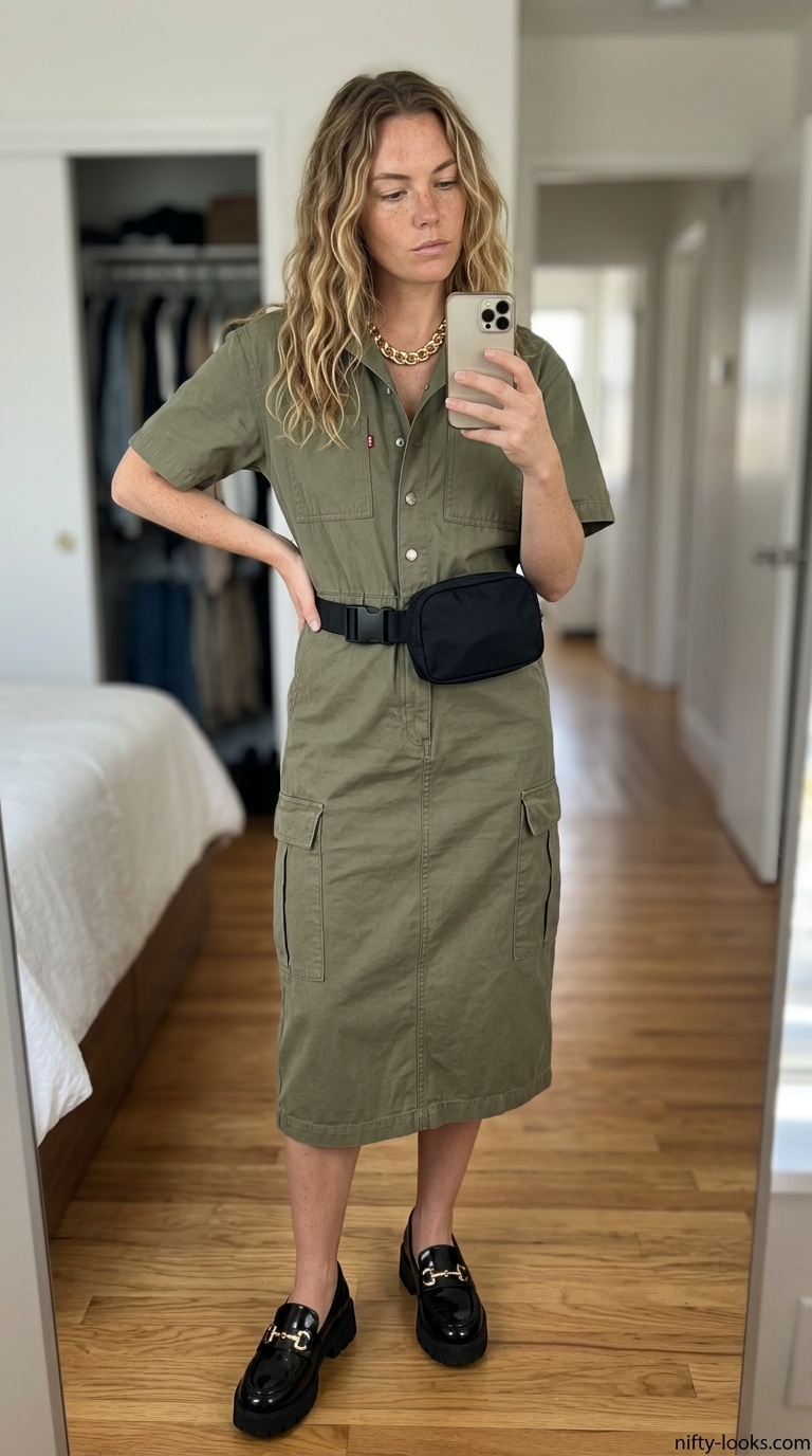 Utilitarian Bodysuit with Skirt Outfits 2026 Utilitarian summer bodysuit with skirt outfit 2026: Khaki bodysuit, olive cargo midi skirt, black loafers.