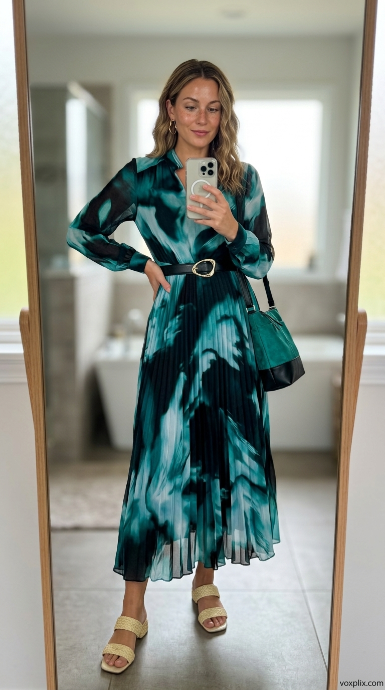 Artistic Riviera Affair: Summer Wedding Guest Outfits 2026 Emerald green abstract print midi cocktail dress for summer wedding guest outfits women 2026. Artistically chic.