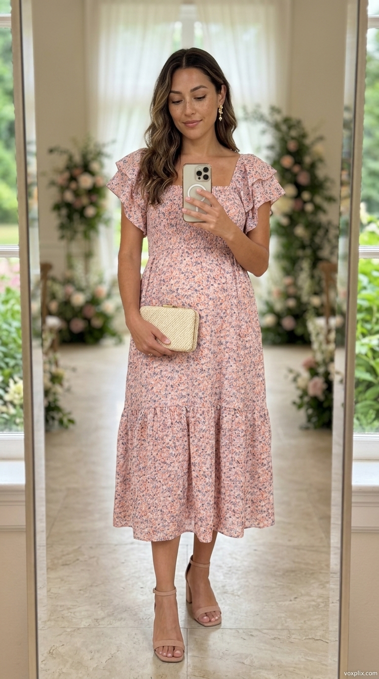 Floral Dress for Garden Wedding 2026 Blush pink floral midi dress with gold earrings and straw clutch for garden wedding guest outfits 2026.