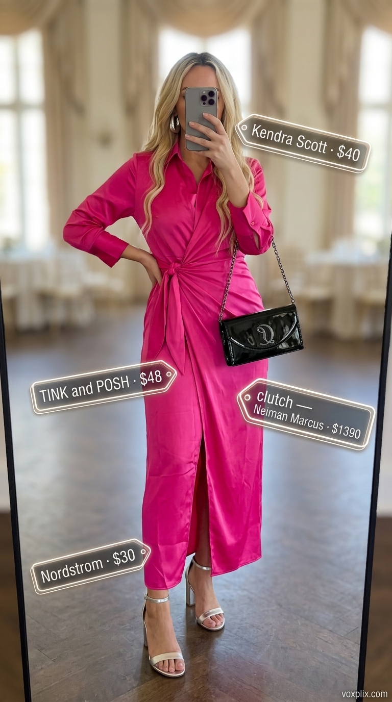 Bold Brunch: Summer Wedding Guest Outfits 2026 Fuchsia pink wrap midi dress with silver heels and hoop earrings for summer wedding guest outfits 2026.