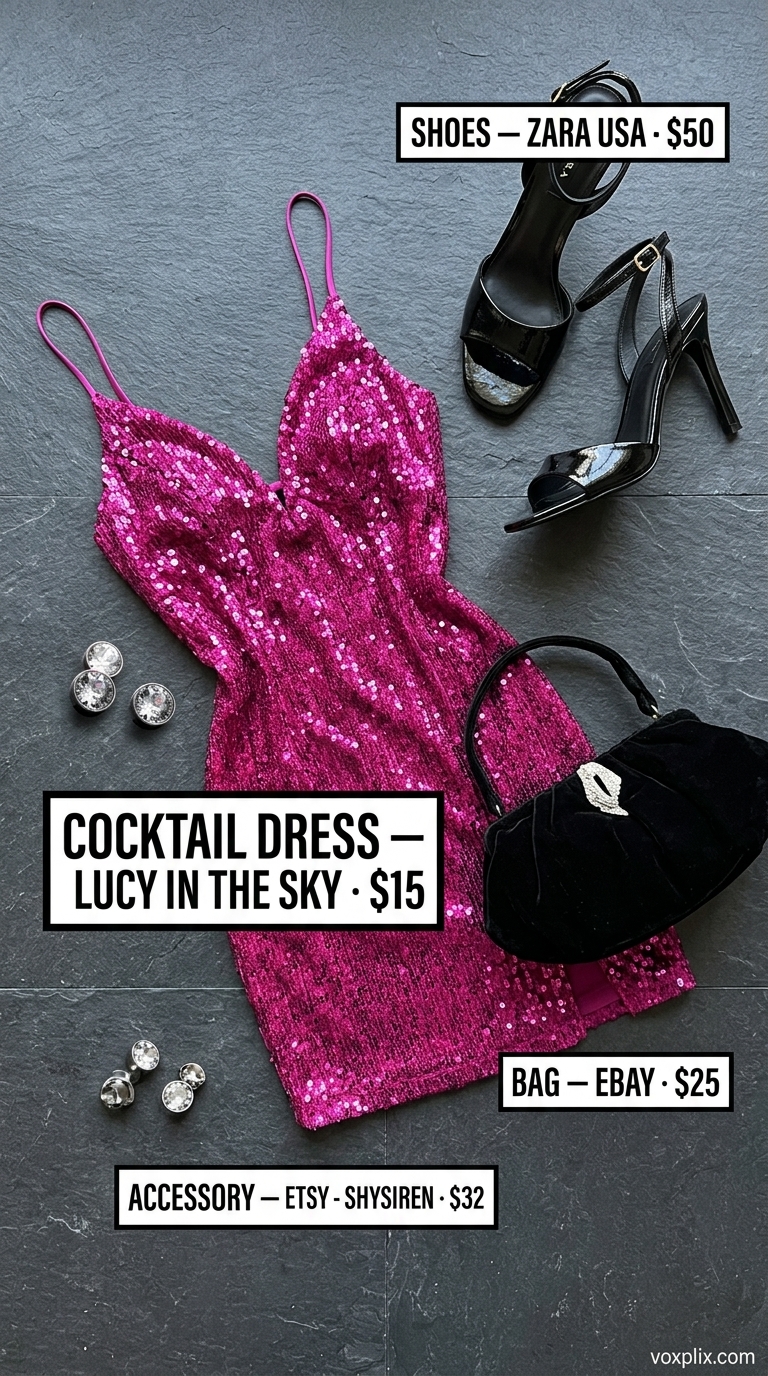 Bold Sparkle: Summer Wedding Guest Outfits 2026 Magenta sequin mini cocktail dress with black heels and rhinestone earrings for summer wedding guest outfits 2026.