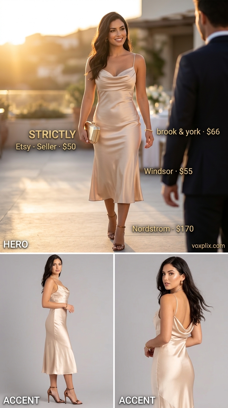 Champagne Slip Dress for Formal Wedding 2026 Champagne cowl neck slip dress with bronze heels and gold clutch for formal summer wedding guest outfits 2026.