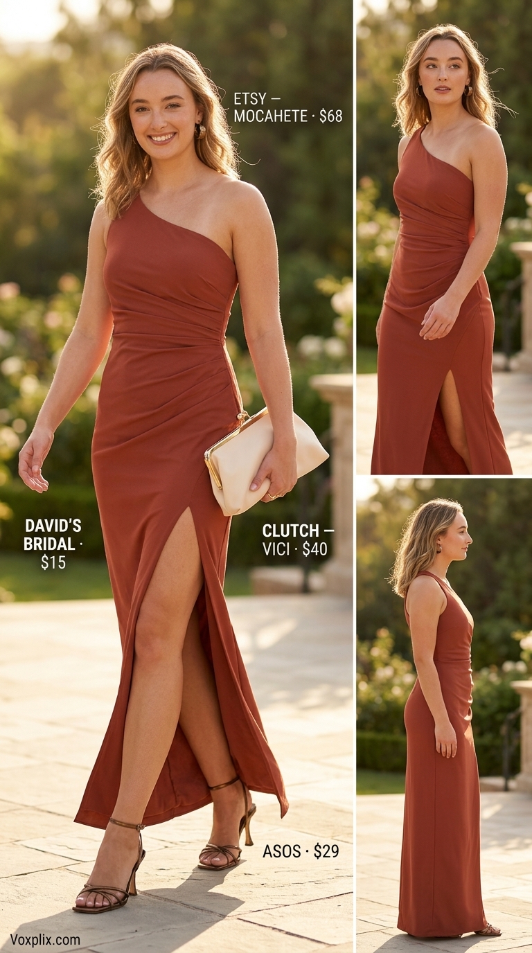 Contemporary Art Garden: Summer Wedding Guest Outfits 2026 Terracotta orange asymmetrical midi dress for modern summer wedding guest outfits women 2026.