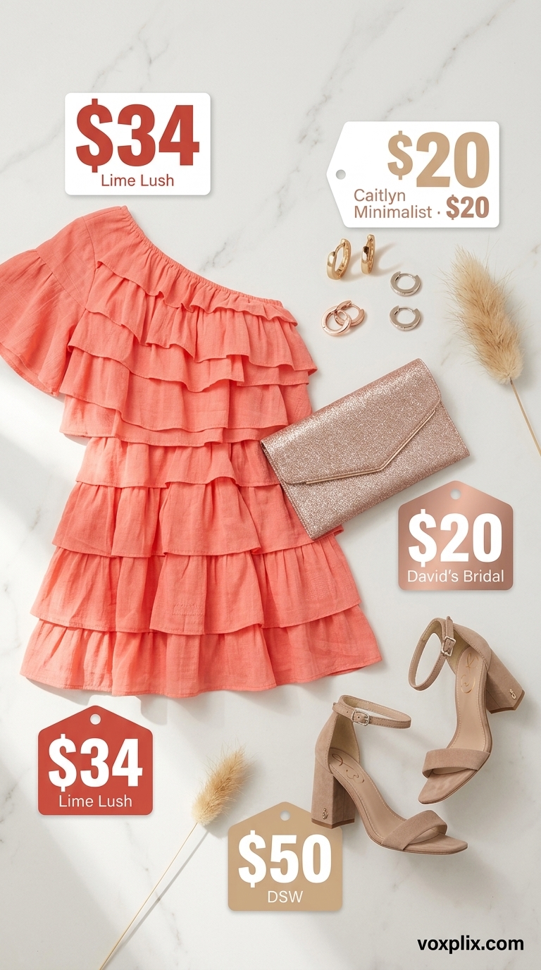 Coral Cocktail Dress for Summer Wedding Guest 2026 Coral ruffled one-shoulder mini dress with nude sandals and rose gold accessories for summer cocktail wedding guest outfits 2026.