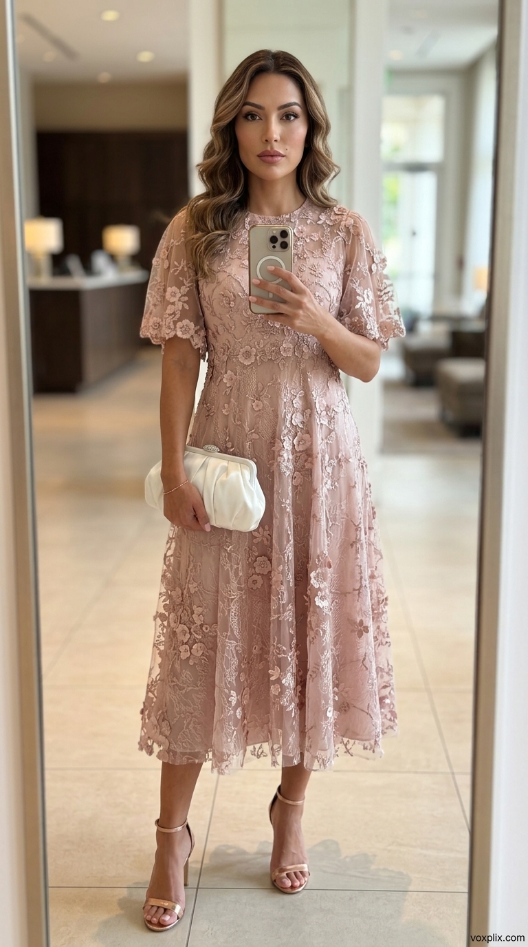 Rose Garden: Summer Wedding Guest Outfits 2026 Dusty rose embroidered cocktail dress with rose gold heels and clutch for summer wedding guest outfits 2026.