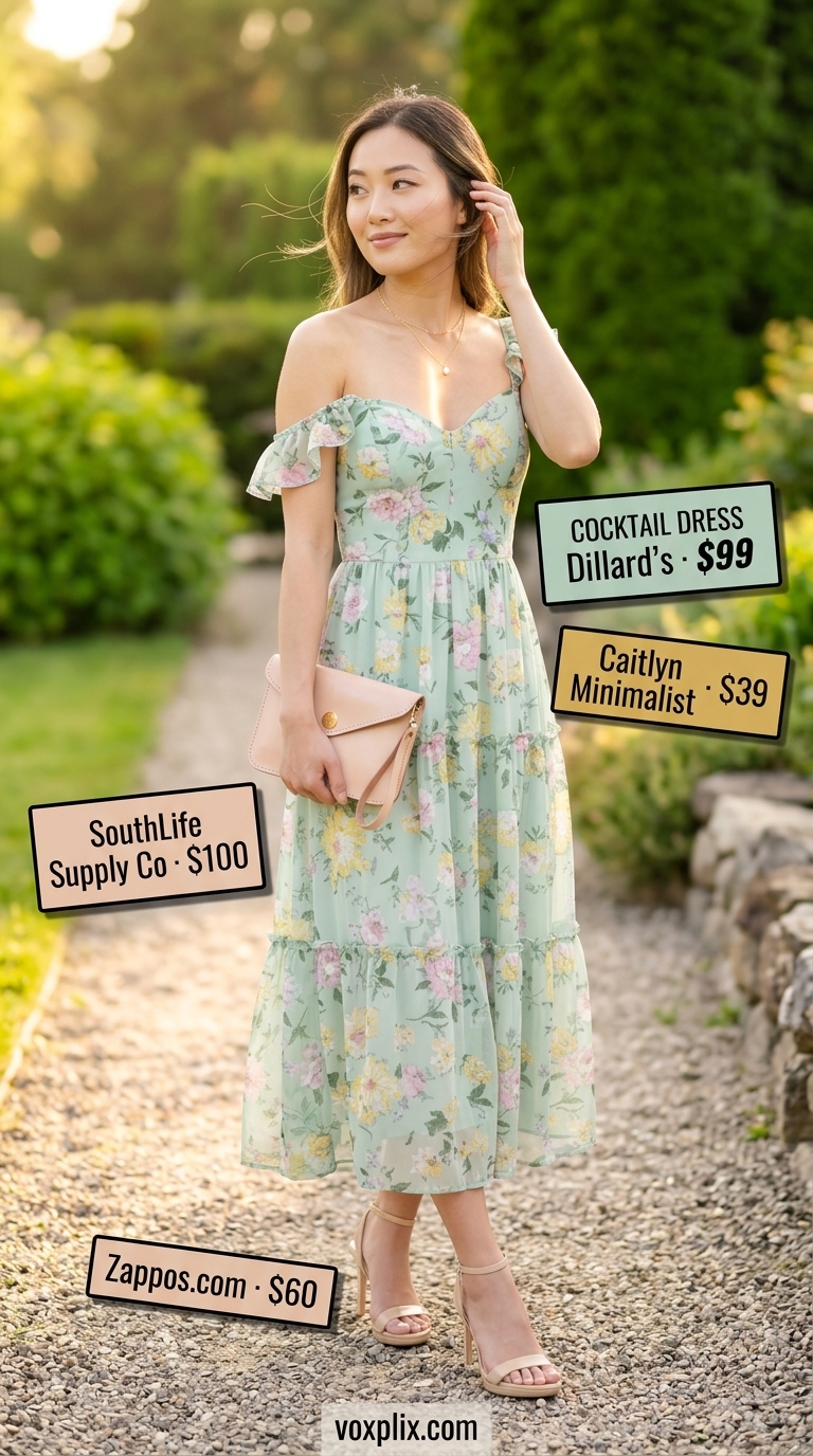 Floral Midi Dress for Garden Party 2026 Soft green floral chiffon midi dress with gold necklace and nude sandals for garden party wedding guest outfits 2026.