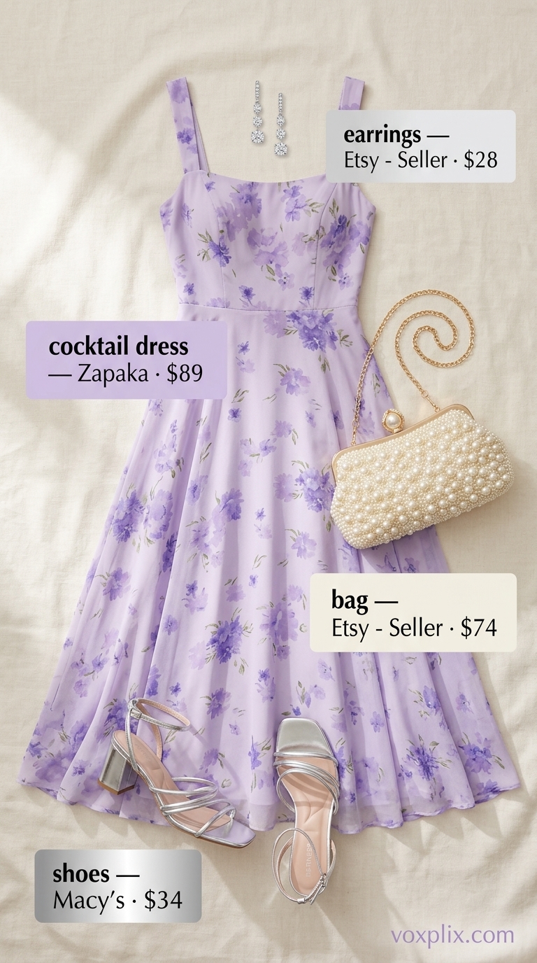 Lavender Floral Dress for Garden Wedding 2026 Soft lavender floral chiffon midi dress with silver earrings and white clutch for summer garden wedding guest outfits 2026.