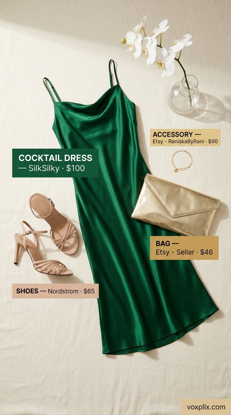 Midnight Rooftop Glamour: Summer Wedding Guest Outfits 2026 Emerald green satin midi slip dress for glamorous rooftop wedding guest outfits women 2026.