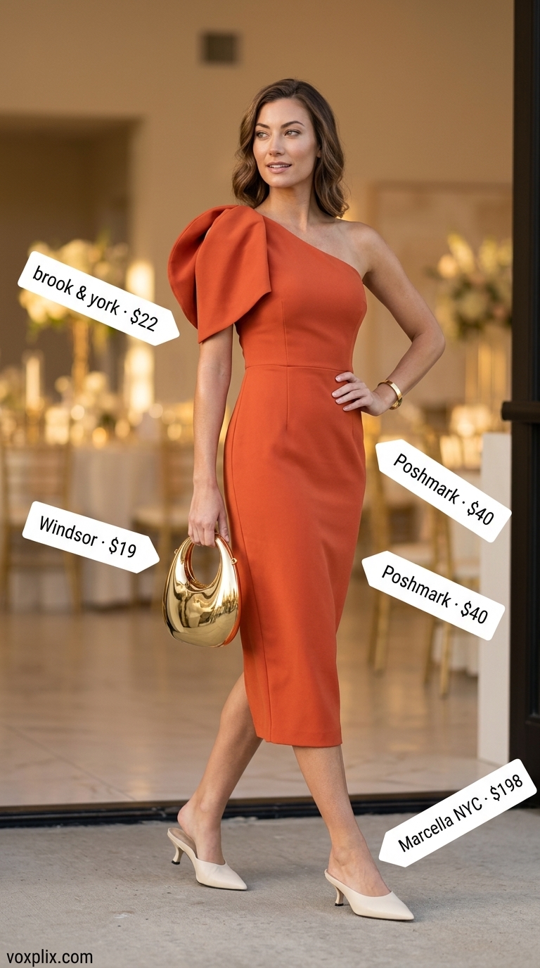 Modern Artistry: Summer Wedding Guest Outfits 2026 Terracotta one-shoulder cocktail dress with gold accessories for summer wedding guest outfits 2026.