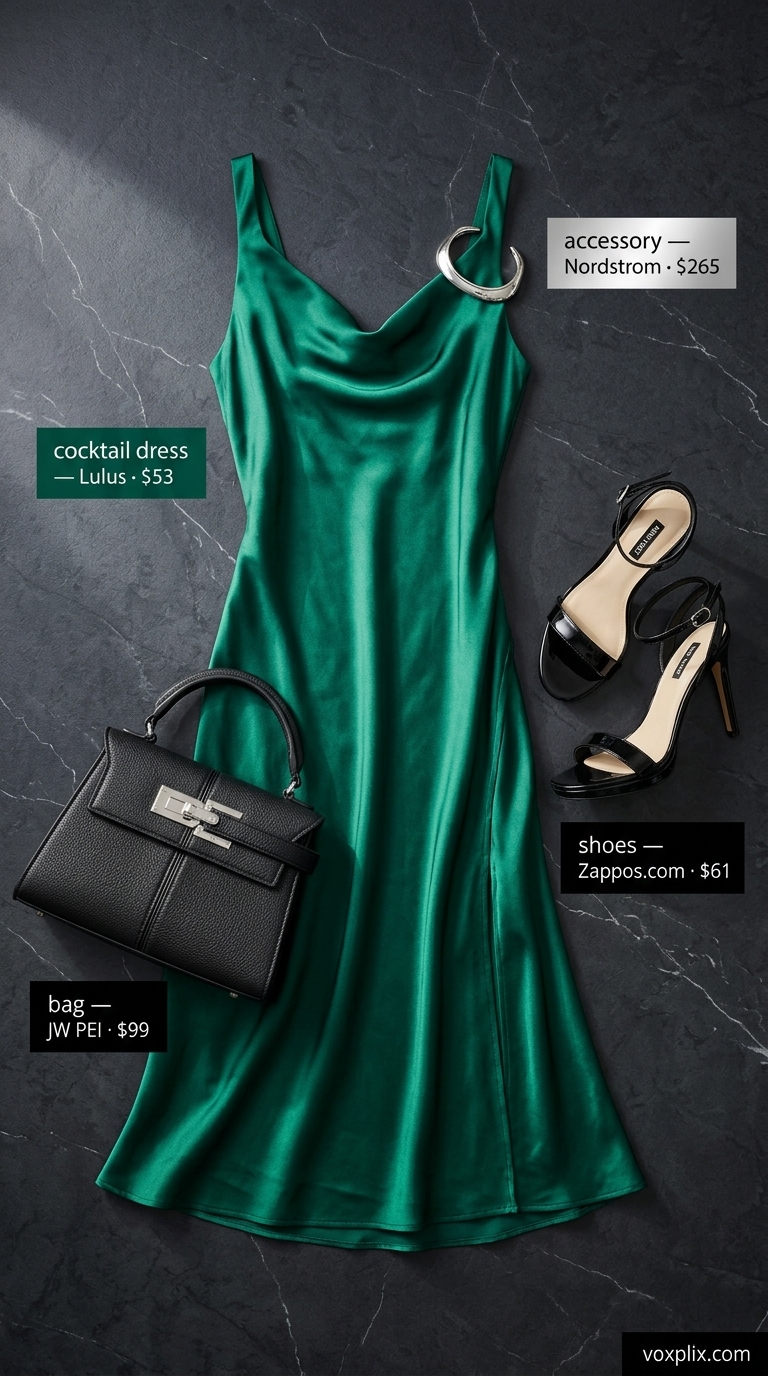 City Soiree: Summer Wedding Guest Outfits 2026 Emerald green satin slip dress with black heels and silver jewelry for summer wedding guest outfits 2026.