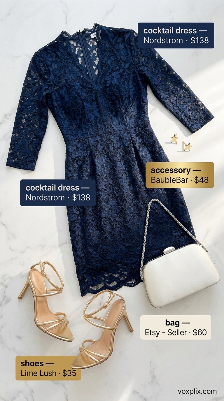 Navy Lace Dress for Wedding Guest 2026 Navy blue lace midi dress with gold heels and pearl clutch for semi-formal wedding guest outfits 2026.