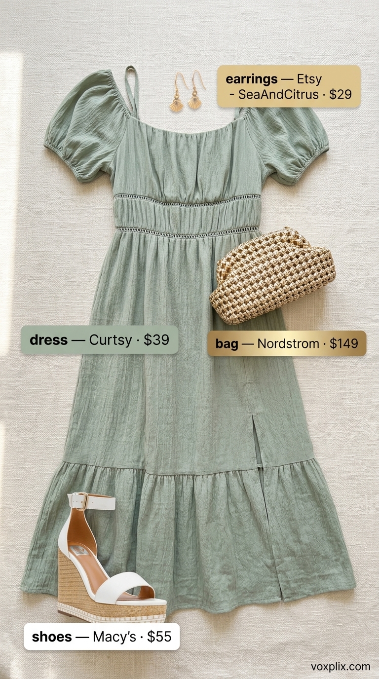 Romantic Seaside Affair: Summer Wedding Guest Outfits 2026 Sage green off-shoulder midi dress for romantic seaside wedding guest outfits women 2026.