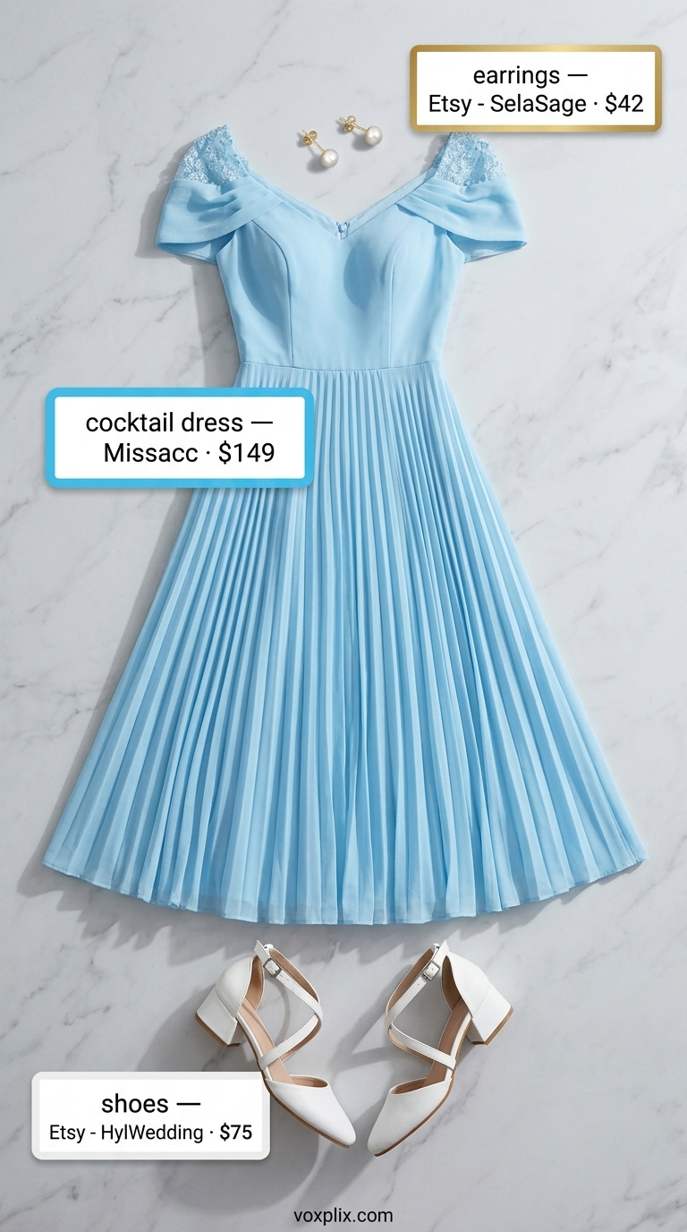 Serene Seaside Elegance: Summer Wedding Guest Outfits 2026 Sky blue pleated midi cocktail dress for serene beach wedding guest outfits women 2026.