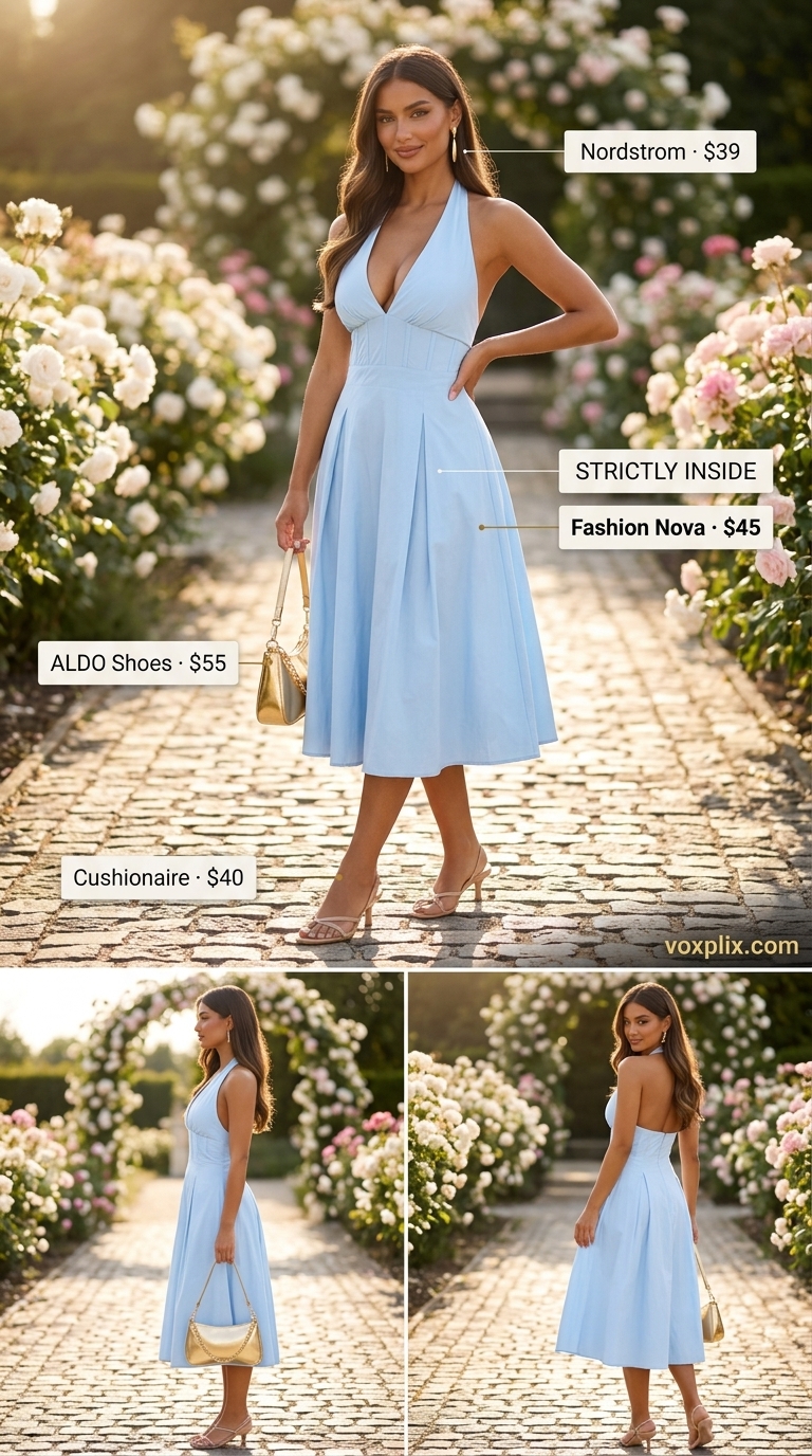 Sky Blue Halter Dress for Beach Wedding 2026 Sky blue pleated halter neck midi dress with gold accessories for beach wedding guest outfits 2026.