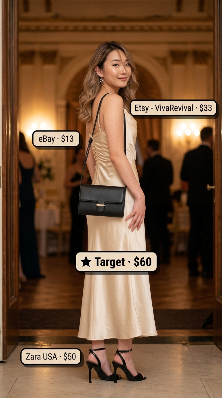 Sleek City Soirée: Summer Wedding Guest Outfits 2026 Champagne liquid satin midi slip dress for sleek city wedding guest outfits women 2026.