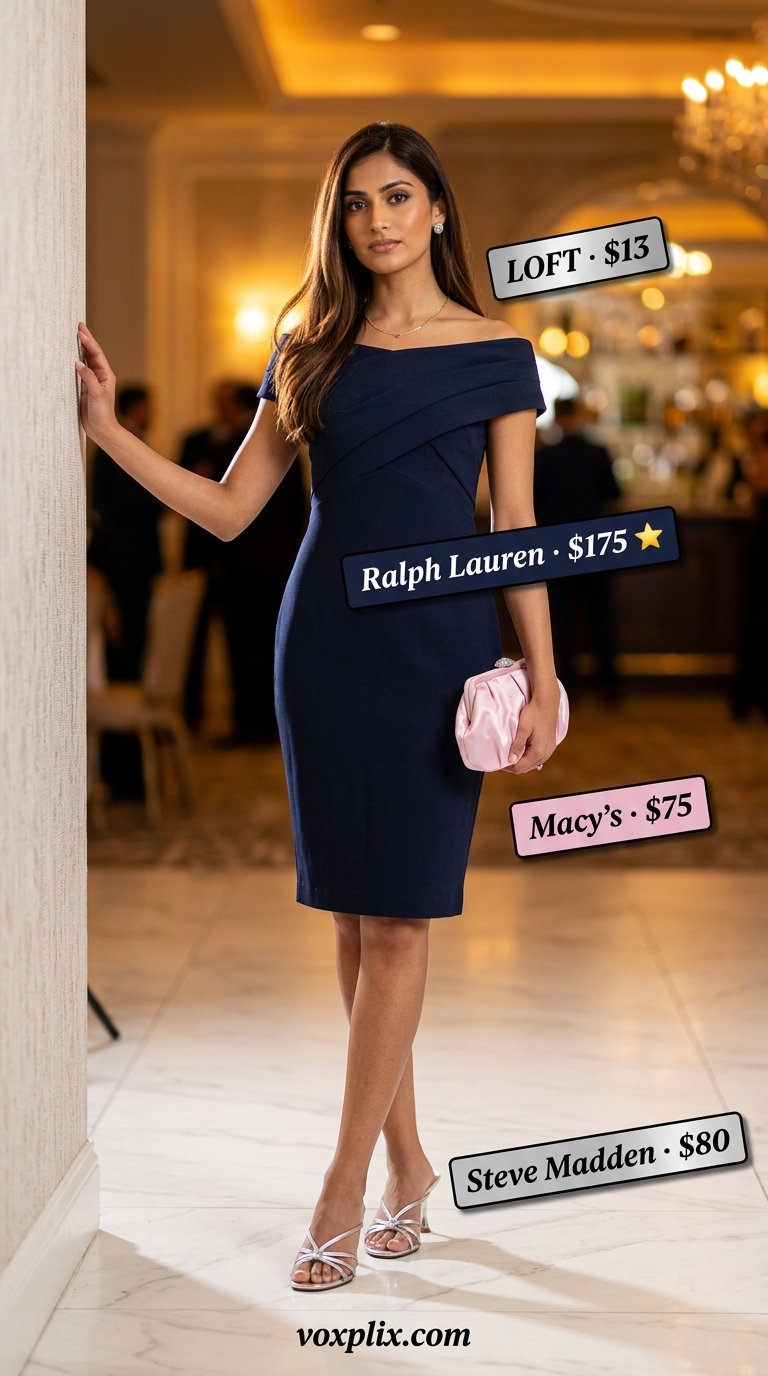 Sophisticated Soiree: Summer Wedding Guest Outfits 2026 Navy blue off-the-shoulder cocktail dress with silver heels and blush clutch for summer wedding guest outfits 2026.