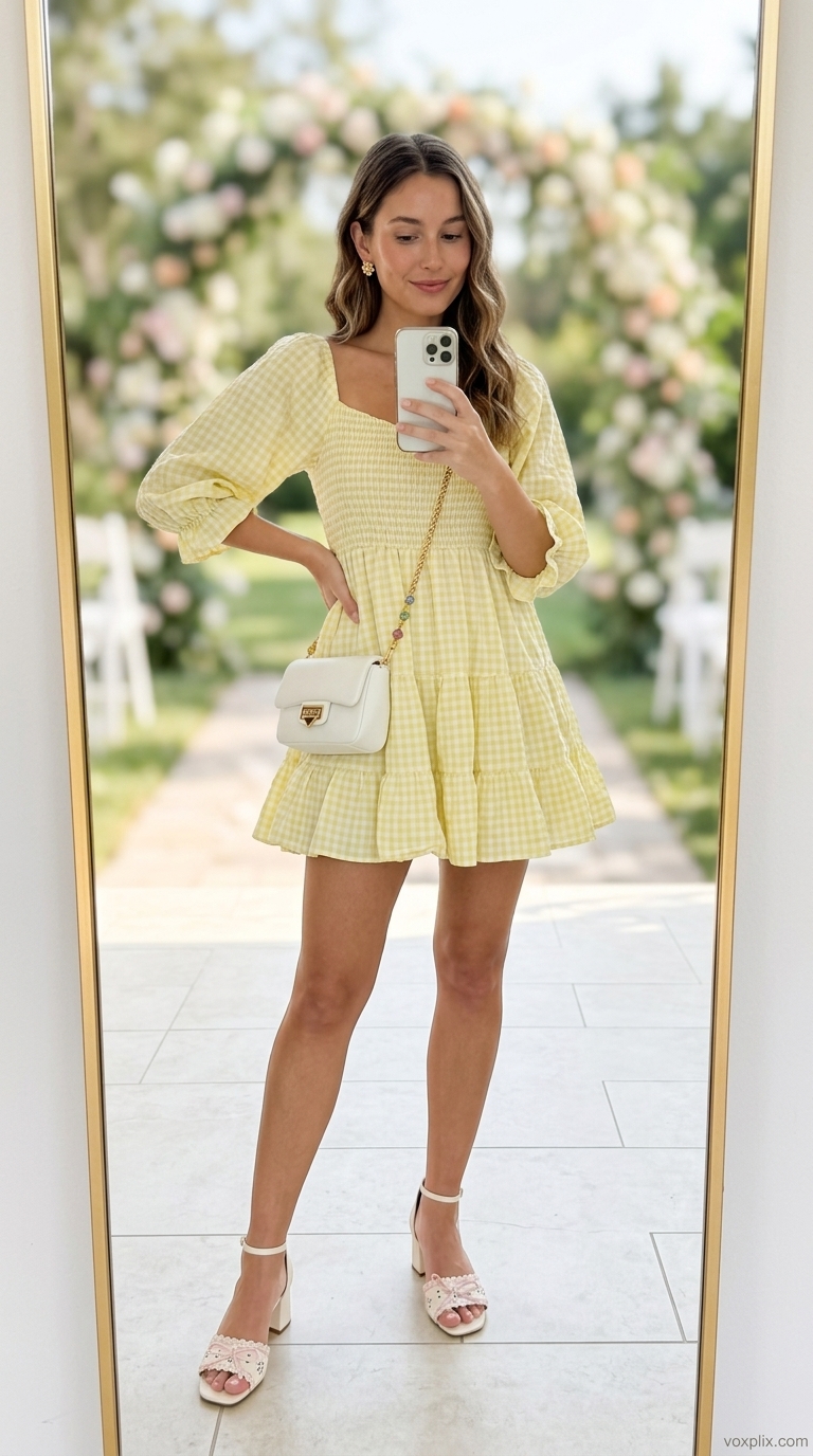 Sunny & Sweet Celebration: Summer Wedding Guest Outfits 2026 Sunny yellow tiered babydoll cocktail dress for joyful summer wedding guest outfits women 2026.