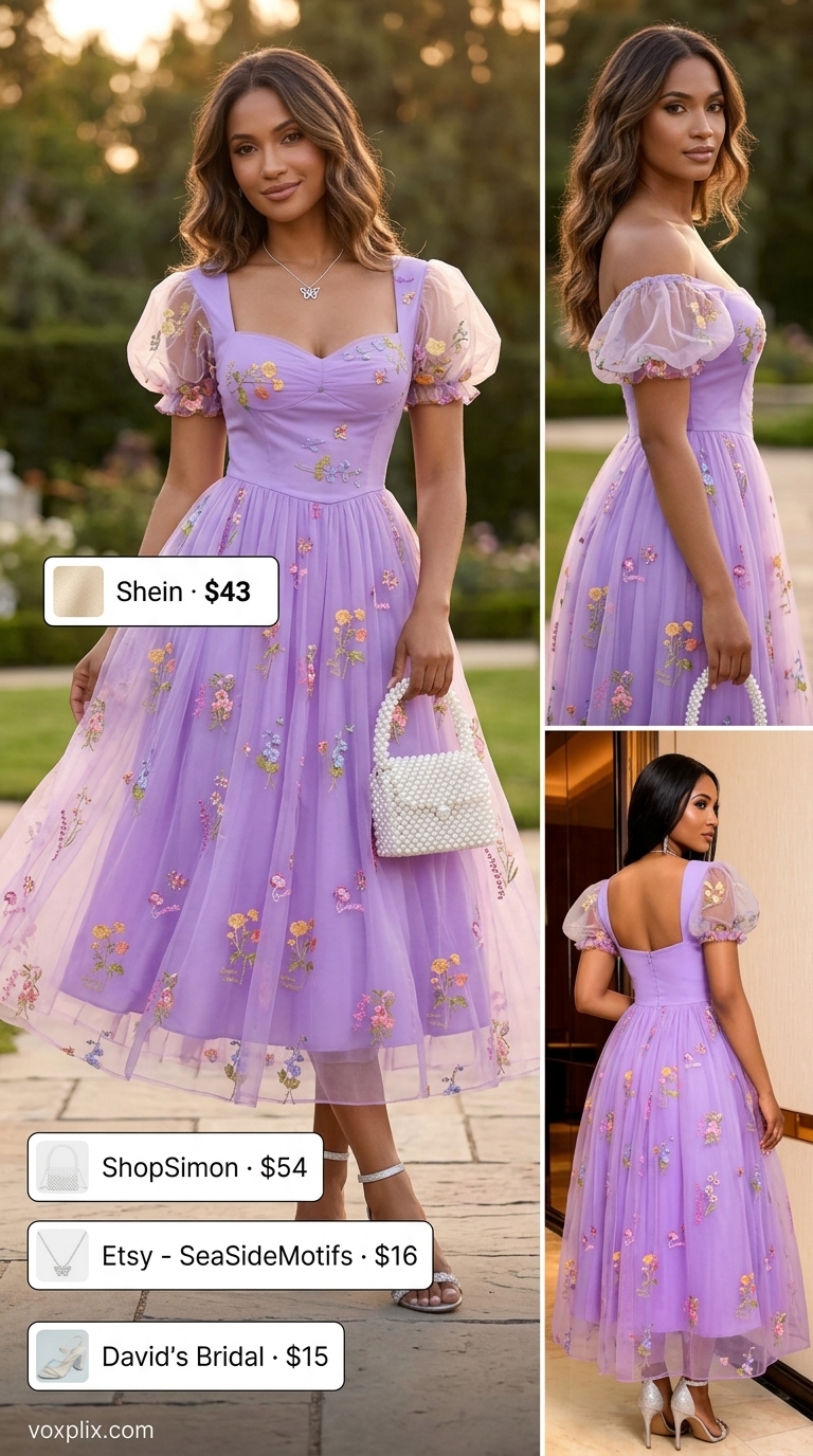 Whimsical Lakeside Wedding: Summer Wedding Guest Outfits 2026 Lavender floral embroidered midi dress for whimsical lakeside wedding guest outfits women 2026.